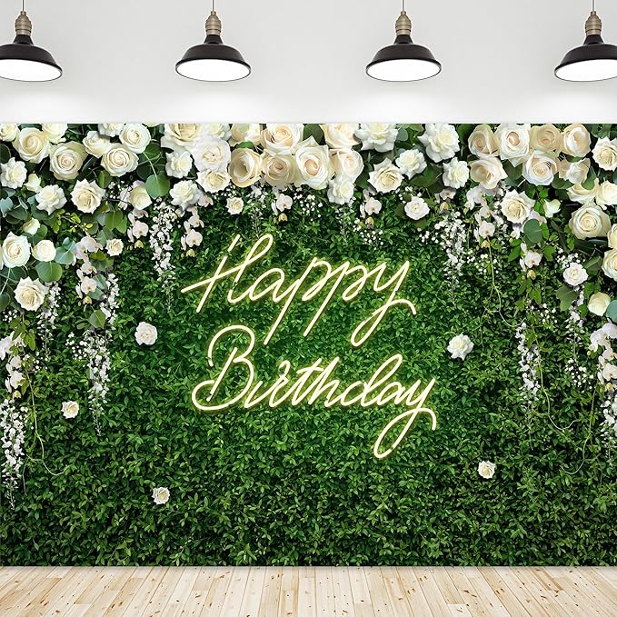 Riyidecor Green Leaves Birthday Backdrop Polyester Fabric for Women Flower Wall 8Wx6H Feet White Rose Floral Elegant Happy Birthday for Girls Photography Background Birthday Party Photo Studio Shoot