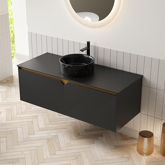48 Inch Bathroom Vanity with Sink, Floating Fluted Vanity with Vessel Sink, Modern Wall Mounted Bathroom Vanity Cabinet with 2 Doors, Black Vessel Sink & Sintered Stone Top, Black