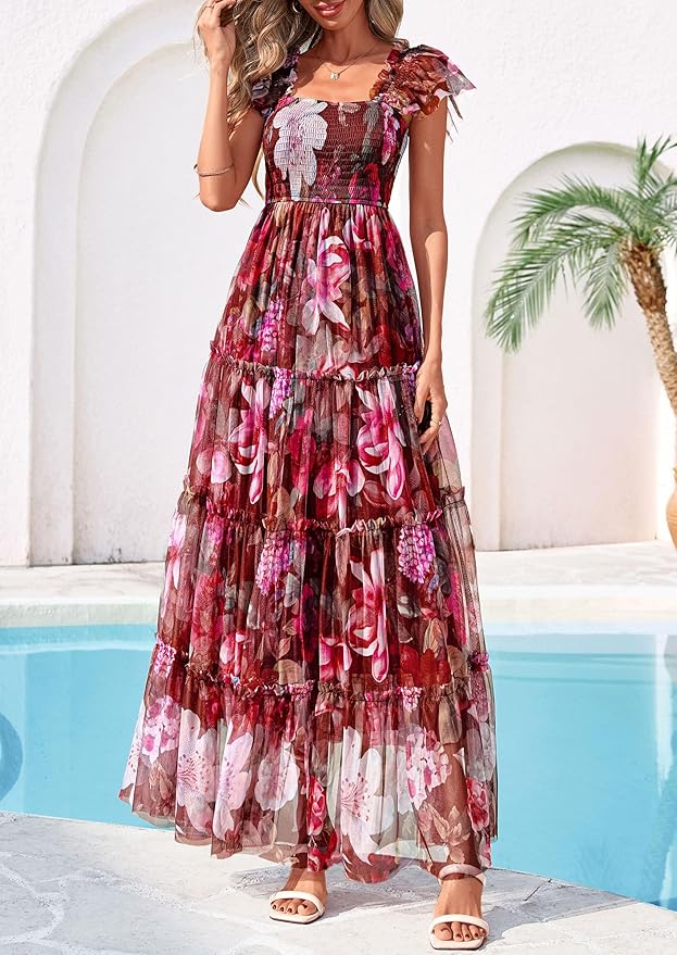 PRETTYGARDEN Women's Summer Tulle Midi Dress Sleeveless Smocked Ruffle Flowy Mesh Dresses Party Wedding Guest Sundress