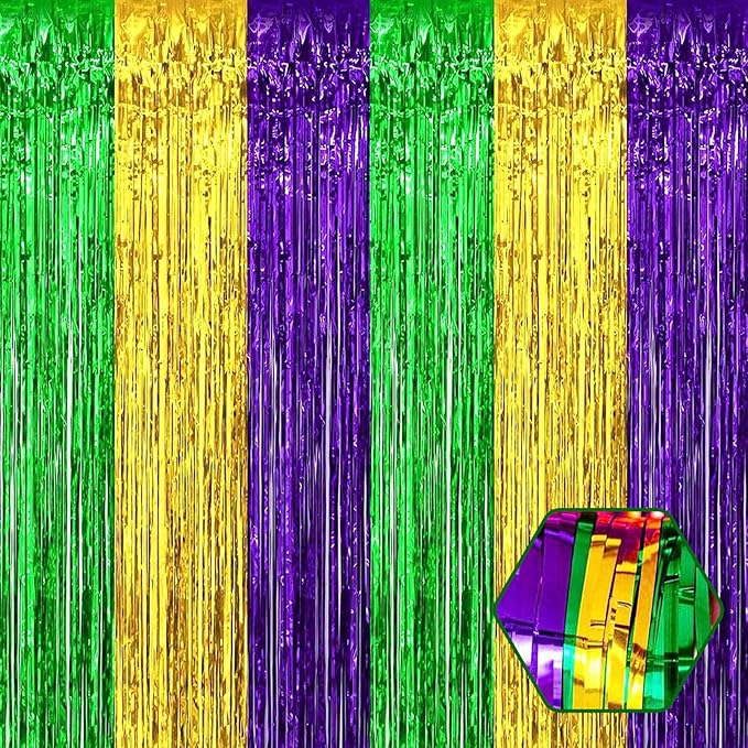 3 Pack Gold Green Purple Foil Fringe Curtain Backdrop, 3.28Ft x 6.6Ft Metallic Tinsel Foil Fringe Streamer Curtains for Photo Booth, Christmas Day, Thanksgiving, Wedding, New Year Party Decorations
