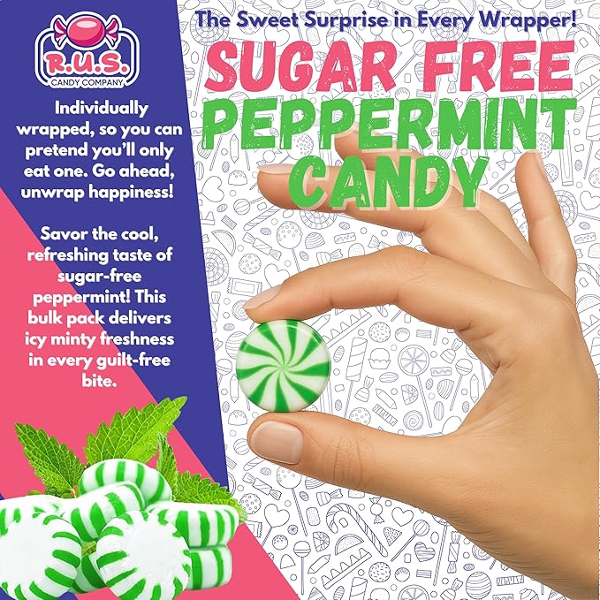 Sugar Free Spearmint Hard Candy – About 75 Individually Wrapped Breath Mints – Bulk 1 Pound Bag – Refreshing Mint Flavor – Ideal for Diabetics and Health Conscious Individuals (1 Pound, Spearmint)