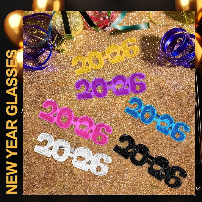 2026 Plastic Glasses Happy New Year Glitter Eyeglasses for 2026 Party New Year Eve Costume Photo Prop Supplies