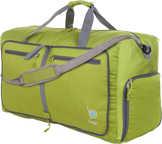 Bago Foldable Duffel Bags for Traveling Women & Men - 60L Medium Packable Duffle Bag for Travel with Shoe Compartment - Water Repellant, Heavy Duty, Lightweight Folding & Collapsible (Green)