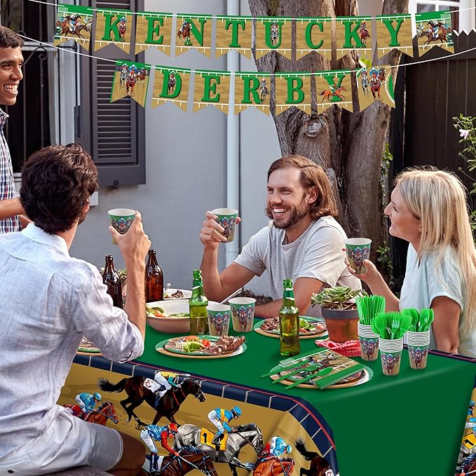 Kochorie 196 Pieces Horse Racing Tableware Set Include Disposable Plates Cups Napkins Banner Plastic Tablecloth Cutlery for Horse Racing Party Supplies, Serve 24 Guests