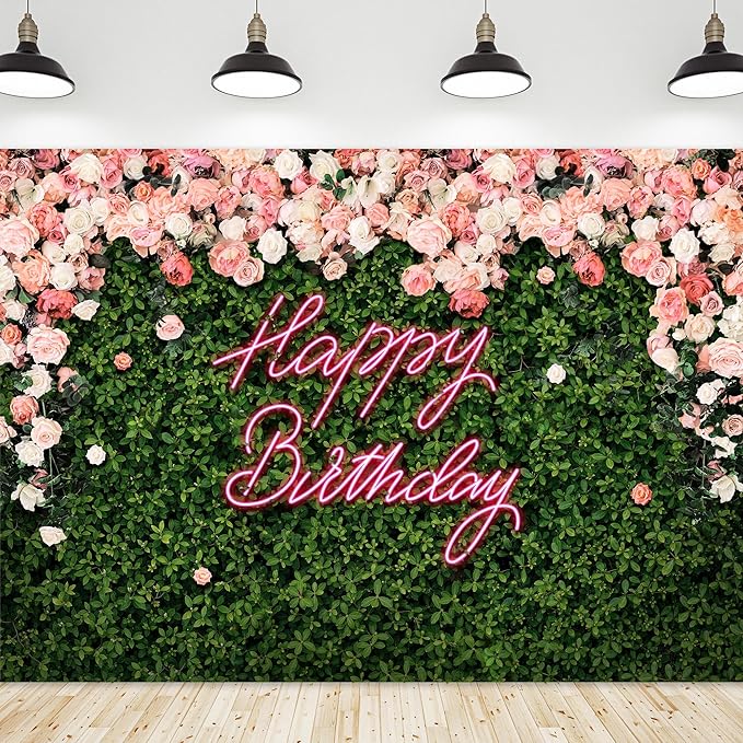Riyidecor Happy Birthday Backdrop Backdrop Polyester Fabric Pink Rose Neon Flower Wall Green Leaves 5Wx3H Feet for Women Floral Blossom Photography Background Birthday Baby Shower Photo Studio Shoot