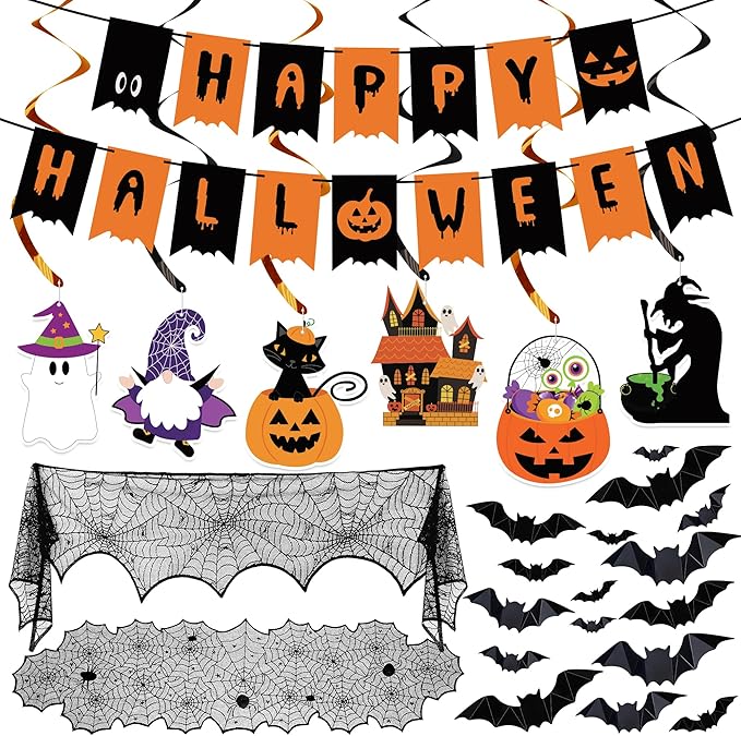 Halloween Decorations Indoor Set - Halloween Festive Decor Happy Halloween Banner Hanging Swirls & Spider Web Table Runner & Mantel Scarf & 3D Bat Sticker for Spooky Haunted House Home Kitchen Decor
