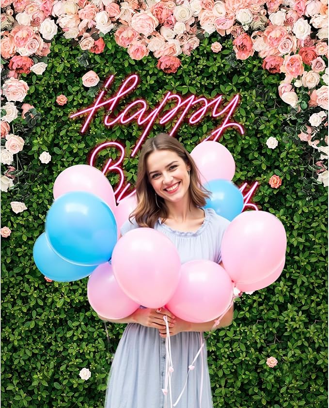 Riyidecor Flower Wall Happy Birthday Backdrop Neon Green Leaves Pink Rose Floral Blossom Botanical Plant Nature 5W*7H Feet Women Girls Photography Background Bday Party Photo Studio Shoot Fabric