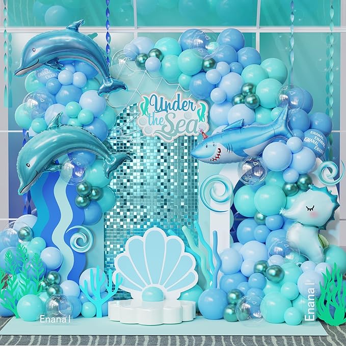 Under the Sea Party Decorations, 154pcs Ocean Blue Balloon Garland Arch Kit, Blue Bubble Balloons with Dolphin Shark Hippocampus Foil Balloon for Ocean Birthday Party Supplies Shark Party Decor