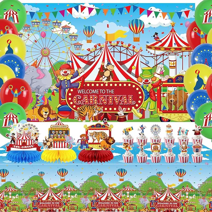 Carnival Party Decorations Circus Theme Birthday Party Supplies Including Carnival Backdrop Balloon, Red and White Stripe Tablecover, Centerpieces, cupcake topper for Circus Birthday Party