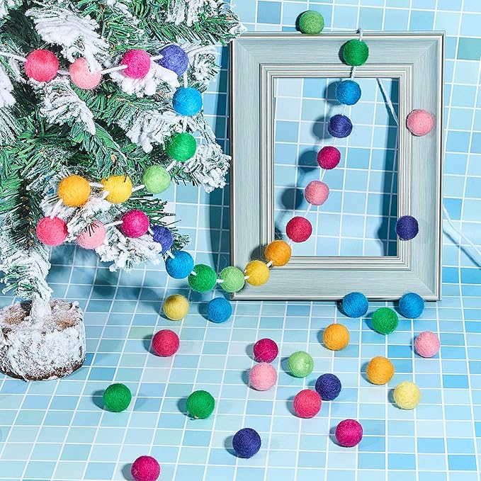 Boao 3 Pieces Wool Felt Ball Garland Colorful Pom Pom Garland Handmade 6.5 Feet Long 24 Balls Felt Banner for Wall Christmas Tree Decoration (Rainbow)