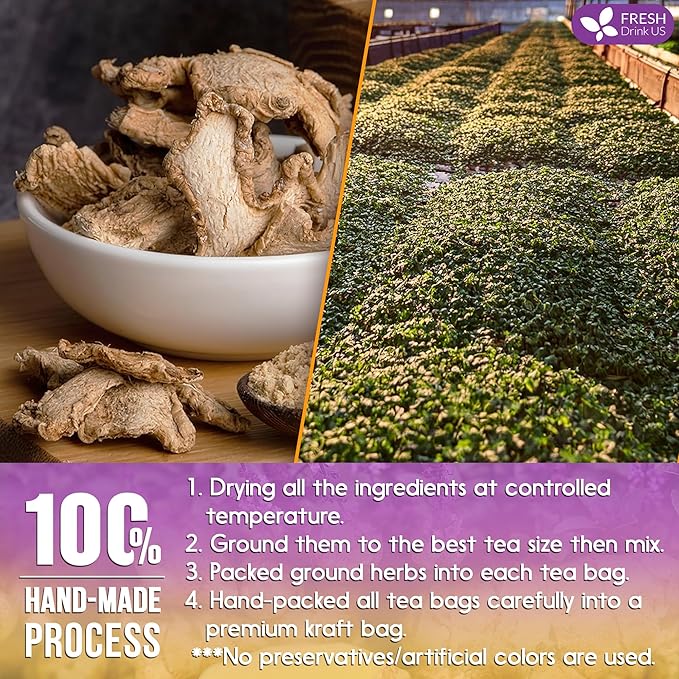 FreshDrinkUS Premium 75 Ginger Tulsi Tea Bags, 100% Natural, Hand-made Blend of Ginger and Tulsi Holy Basil Leaves, Eco-conscious Tea Bags. No Sugar, No Caffeine, Vegan