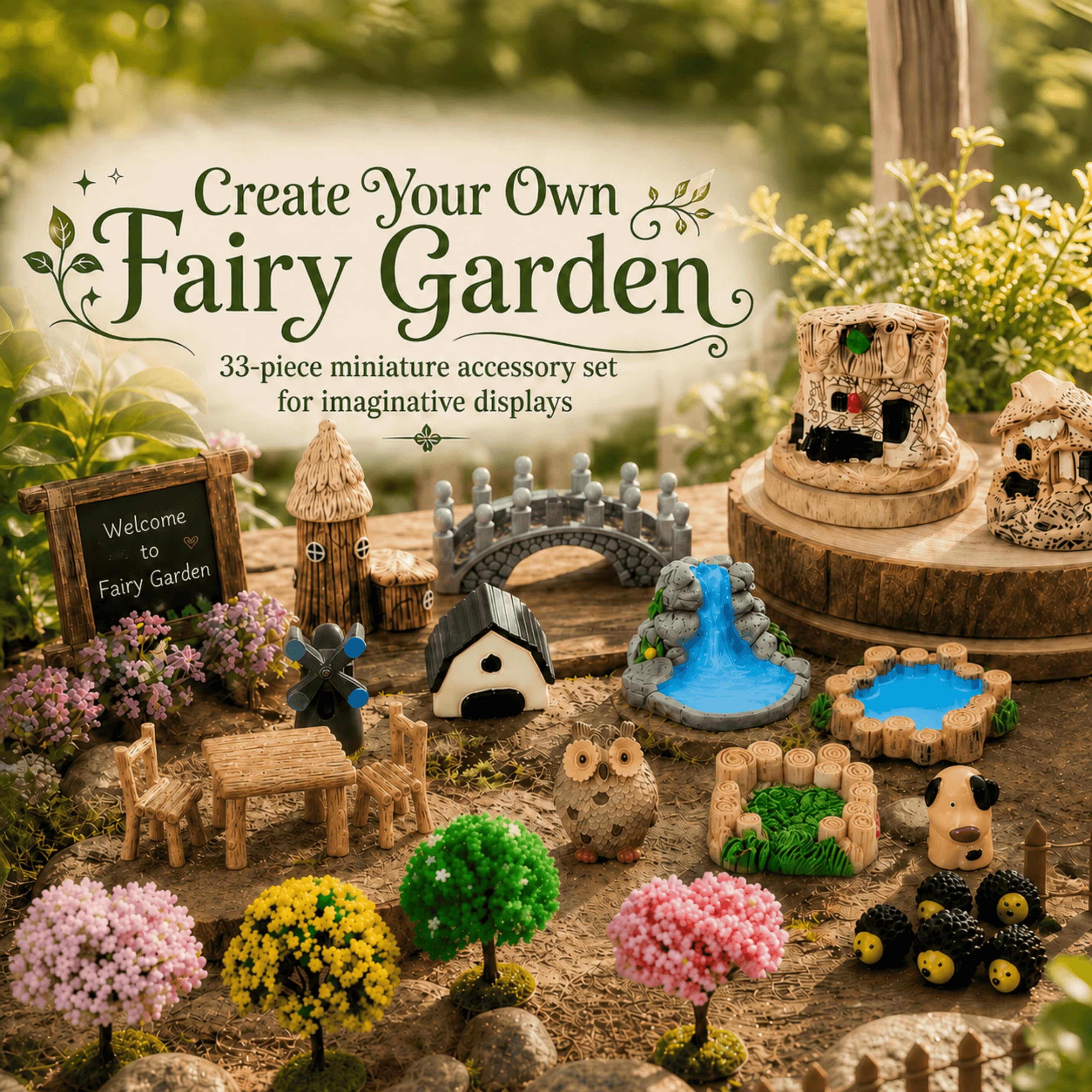 SangHW 33 Pcs Fairy Garden Kit, Resin Fairy House Accessories with Animal Figurines & Fences, Stable & Noticeable Terrarium Decor for Outdoor Planters and DIY Micro Landscapes