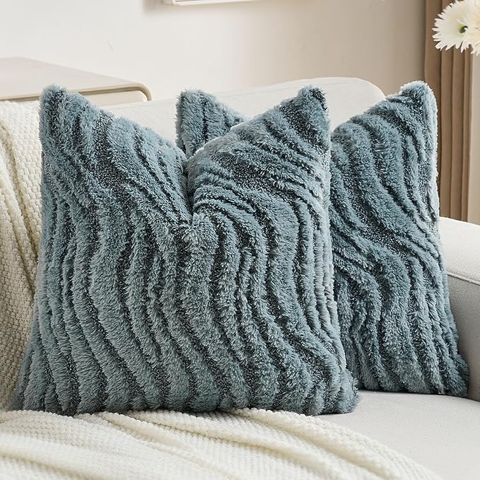 FUTEI Blue Decorative Throw Pillow Covers 18x18 Inch Set of 2,Soft Faux Fur Geometric Shapes Texture Cushion Case,Boho Home Decor for Couch Bed Living Room