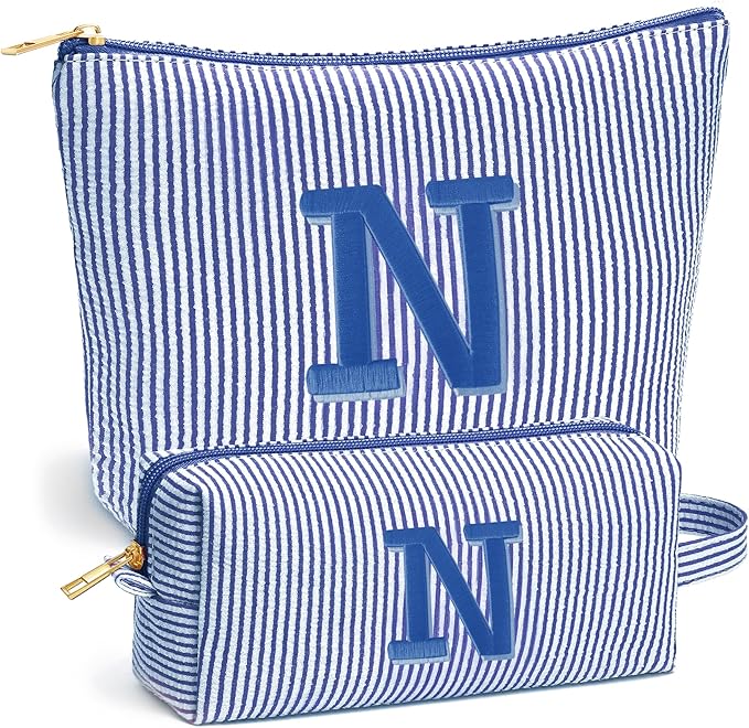 Initial Travel Toiletry Bag for Women - Travel Essentials, Personalized Travel Makeup Bag Small Cosmetic Make up Bag Cute Stuff Birthday Gifts for Women Mom Girlfriend Teacher, Blue Letter N