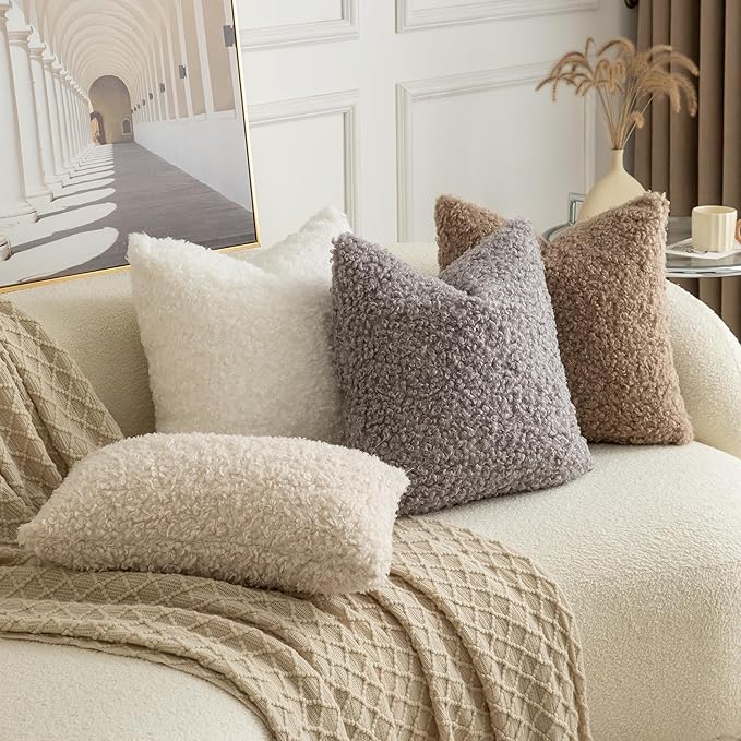 Pack of 2 Curly Teddy Wool Faux Fur Throw Pillow Covers Fuzzy Accent Soft Sherpa Pillowcases Sheepskin Fleece Decorative Cushion Case for Sofa Couch Living Room 22x22 Inch Light Grey