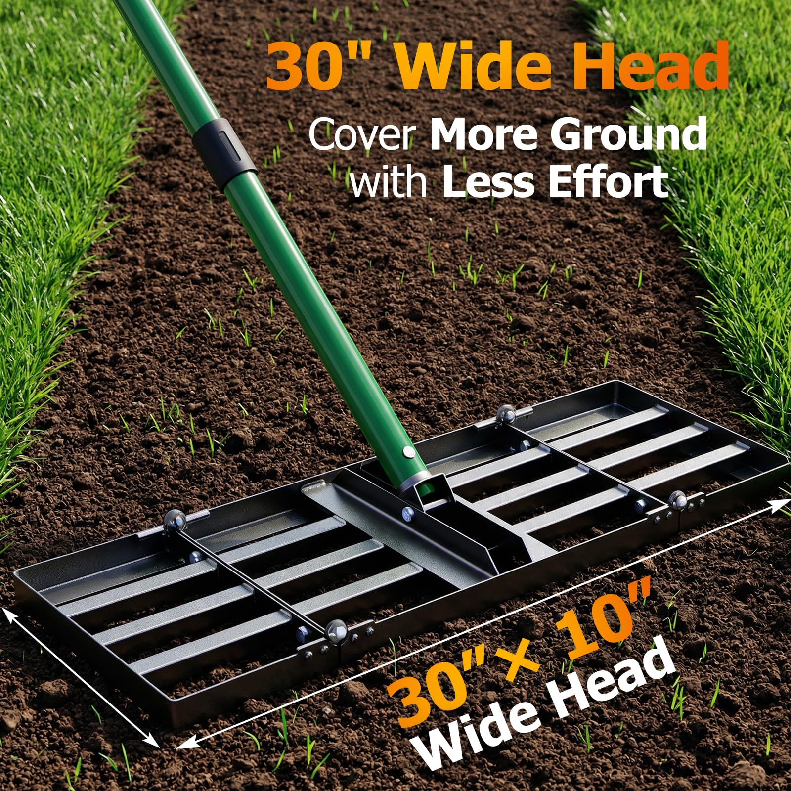 30"x10" Lawn Leveling Rake, Heavy Duty Lawn Leveler with 33"-77" Adjustable Handle, Foldable Ground Leveling Tool for Soil, Sand, Gravel, Ergonomic Design for Lawns, Golf Courses and Backyards