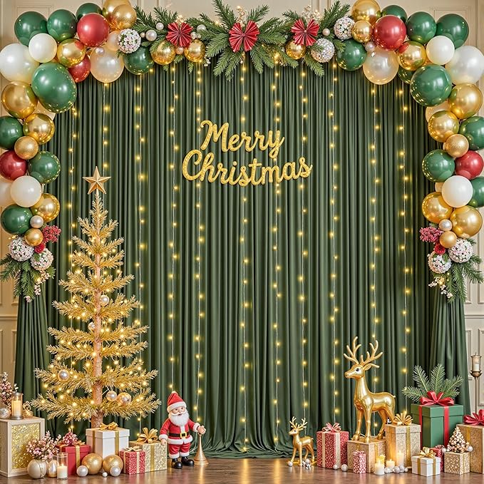 10 x 10ft Hunter Green Backdrop Curtains with Lights String Polyester Photo Backdrop Drapes Wrinkle Free Dark Green Long Curtain for Birthday Party Wedding Reception Baby Shower Ceremony-10 x 5ft x 2P