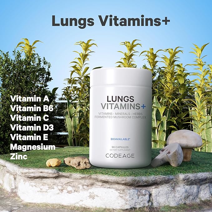 Codeage Lungs Vitamins, A, C, D, E, B6, Milk Thistle Lung Supplement, Zinc & Magnesium, Cordyceps, Reishi, Chaga, Poria, Tylophora, Ginger, Peppermint Leaf Organic Herb Cleanse - Non-GMO - 90 Capsules