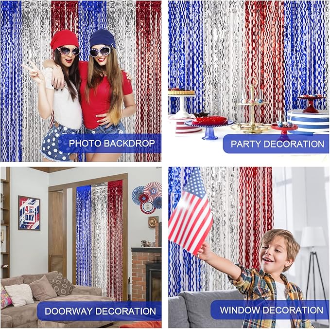 LOLStar 4th of July Decorations,Red White and Blue 3 Pack Wave Tinsel Foil Fringe Curtains, Memorial Day Photo Booth Prop Streamer Backdrop for Patriotic America Party, Independence Labor Day
