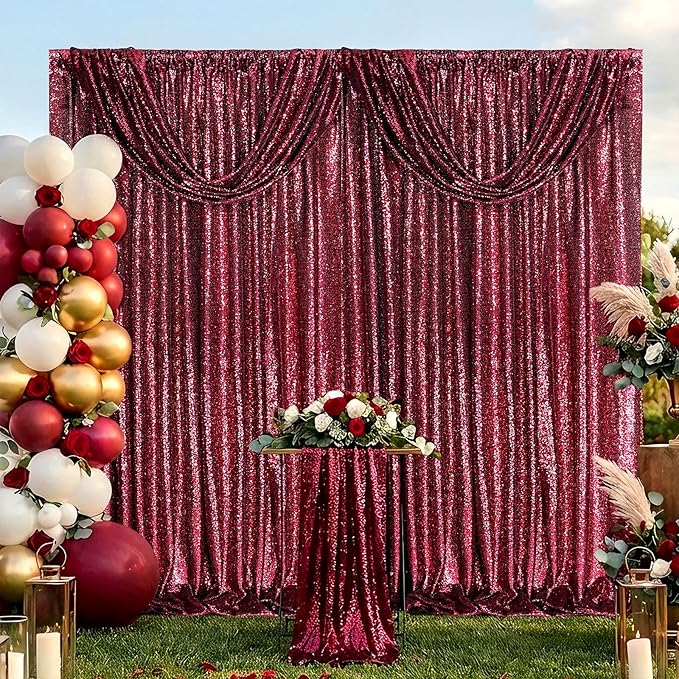 QueenDream 4x8FT Burgundy Red Backdrop Curtains Drape for Wedding Parties - Sequin Backdrop Panels Fabric for Birthday Graduation Home Decor（2 Panels 2ftx8ft