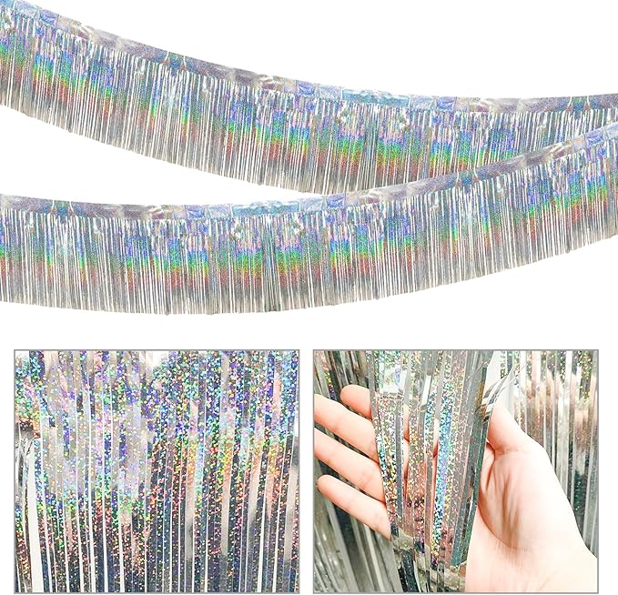 4 Packs 10 Feet Long Laser Silver Foil Fringe Garland Shiny Metallic Tinsel Wall Hanging Banner for Car Parade Birthday Parties Floats Wedding Baby Shower Ceremonies Bachelorette Garden Decorations