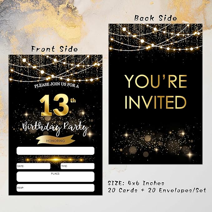 13th Birthday Invitations with Envelopes - Black Gold Glitter Fill-in Invites Cards - Surprise Birthday Party Invitation Card for Girls/Boys - Kids Birthday Party Favors Supplies Decorations (20 Pack)