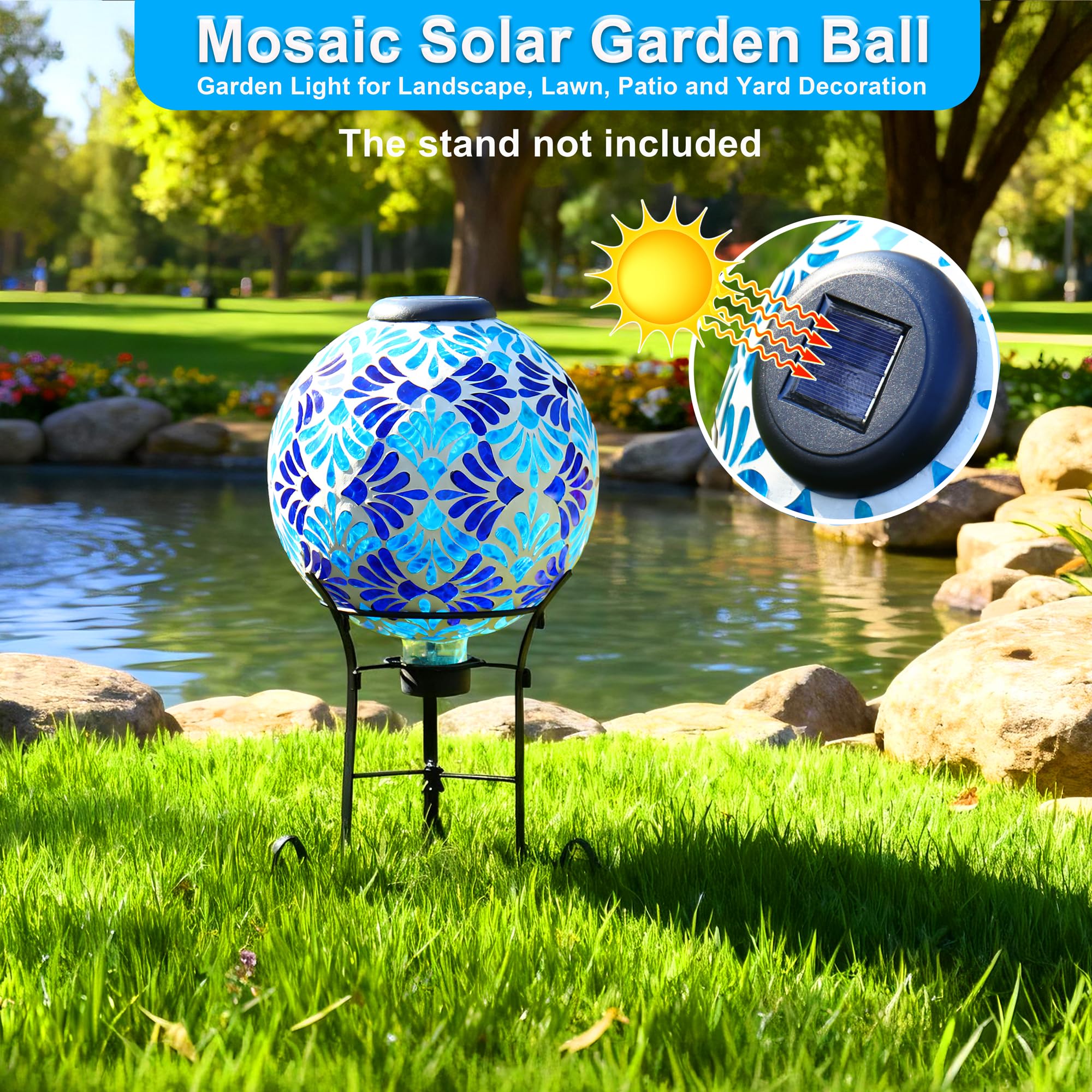 SAVENNA Mosaic Solar Gazing Ball 10 Inch, Glass Garden Globe with Auto On/Off for Yard, Lawn & Outdoor Decor, Blue Mosaic