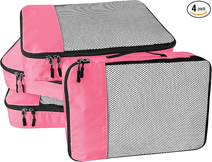 WTREE 4-Piece Packing Cubes Travel Accessories Set for Suitcases - Luggage Organizer Bags with Double Zipper - Mesh Top - Small - Pink