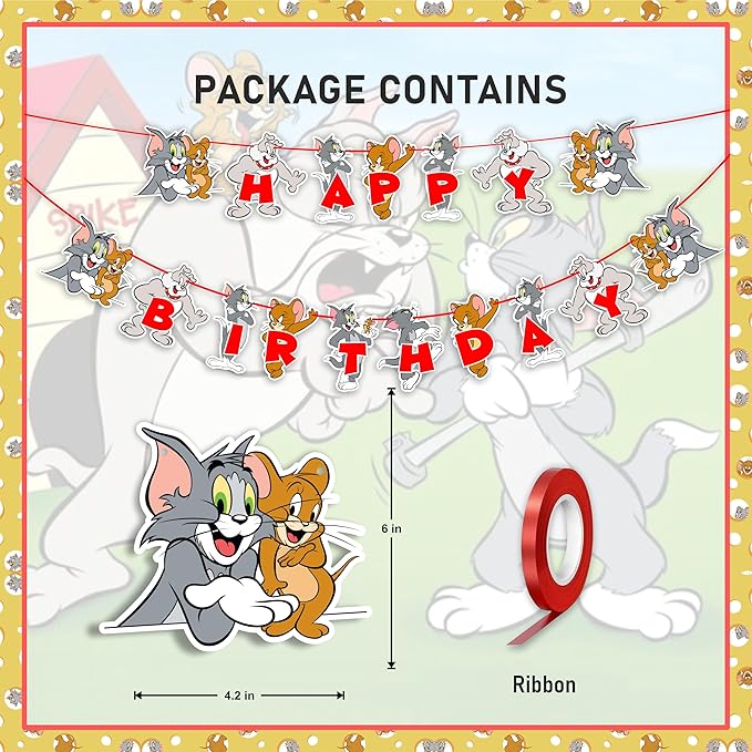 "Tom & Jery Happy Birthday Banner – Classic Cartoon Theme Party Decoration – Fun & Colorful Hanging Banner for Birthday Party Supplies – Cartoon Character Birthday Décor for Boys & Girls"