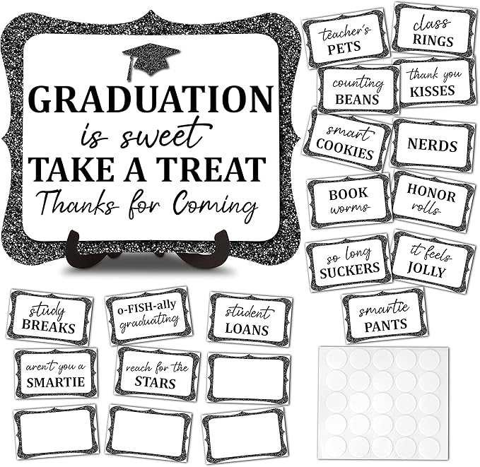 20PCS Graduation Candy Buffet Labels, 1 Black Glitter Candy Buffet Table Sign with Stand, Catering Supplies Display for Graduation Decorations Class of 2026 -A02