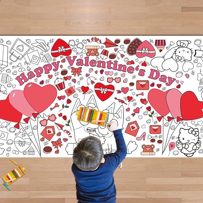 Valentines Giant Coloring Tablecloth,Valentines Day Crafts for Kids - 72x30 Inches, Paper Coloring Banner Games Activities Gifts Party Decorations