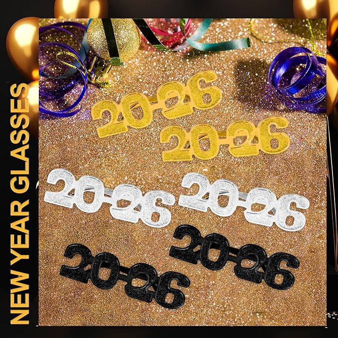 2026 Plastic Glasses Happy New Year Glitter Eyeglasses for 2026 Party New Year Eve Costume Photo Prop Supplies