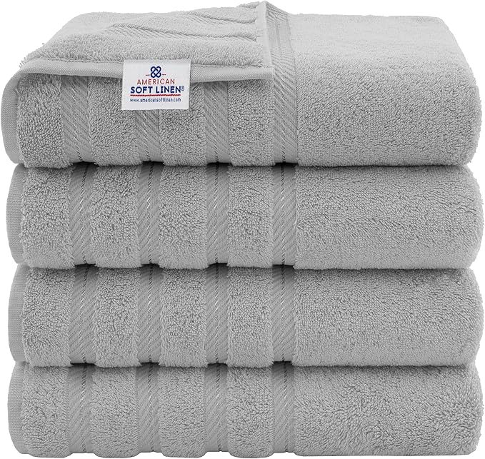 American Soft Linen Luxury 4 Piece Bath Towel Set, 600 GSM 100% Cotton Turkish Bath Towels for Bathroom, 27x54 in Large Bathroom Shower Towels, Light Grey