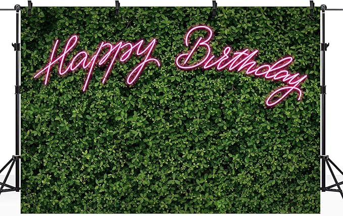 Riyidecor Neon Happy Birthday Backdrop Green Grass Leaf Rustic Spring Leaves Plant 7Wx5H Feet Pink Nature for Woman Photography Background Birthday Party Decoration Photo Studio Shoot Fabric