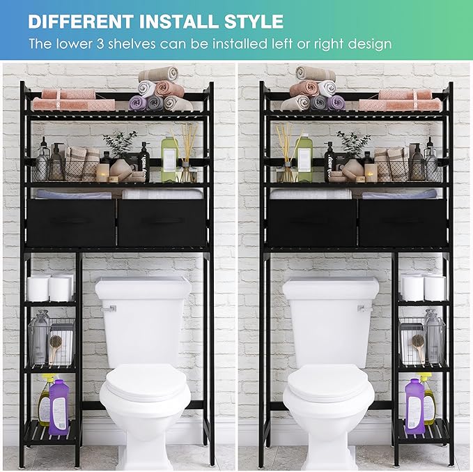 SMIBUY Over-The-Toilet Storage Rack, 6-Tier Bamboo Large Bathroom Organizer with Side Shelves and 2 Drawers, Stable Freestanding Space Saver for Bathroom, Laundry Room(Black)