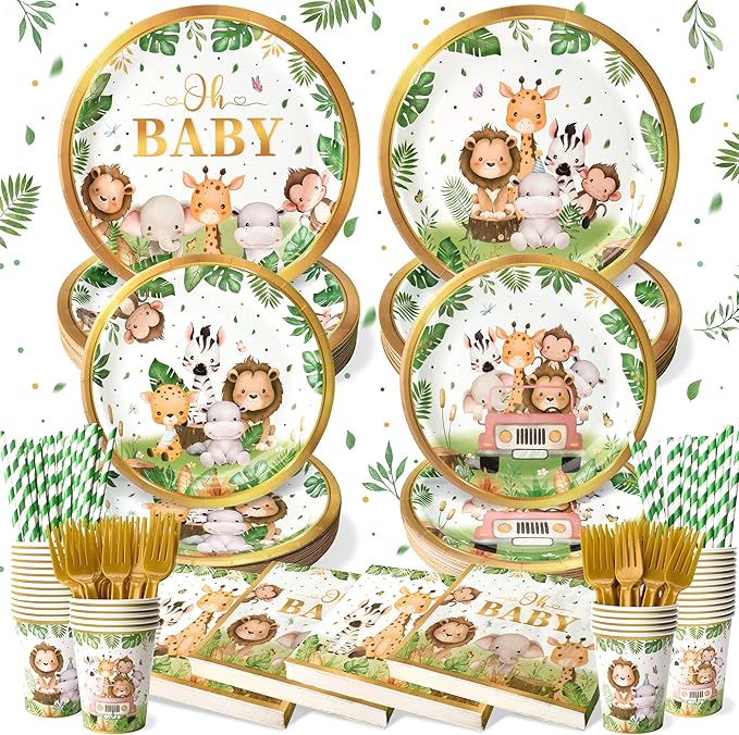 144 Pcs Safari Baby Shower Plates and Napkins (Serves 24 Guests), Plates Napkins Cups Straws and Forks Sets, Party Supplies, Jungle Safari Baby Shower Decorations