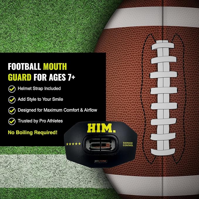 DAMAGE CONTROL Youth Football Mouth Guard – Breathable No Boil Mouthpiece, Protects Lips & Teeth, Works with Braces, Includes Helmet Strap – Sports Gear & Accessories (Him)