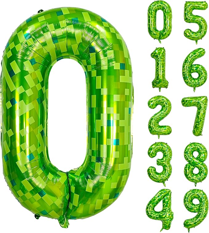 40 inch giant Green pixel miner game number 0 balloon Large mining theme foil balloon 0-9 Suitable for pixel game parties children's birthdays party anniversary celebrations baby shower decoration