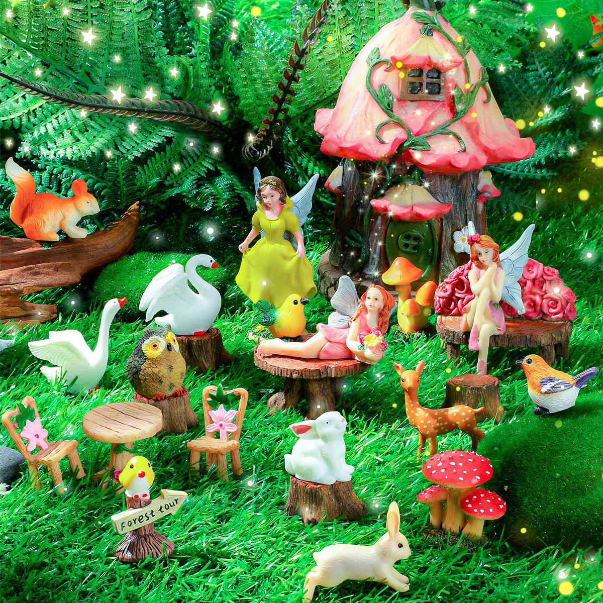 Soaoo Fairy House Garden Figurines Kit Summer Garden Decor Elves Decoration Outdoor Ornaments Animals Butterfly Fairy Mushroom Party Supplies DIY Micro Landscape Dollhouse