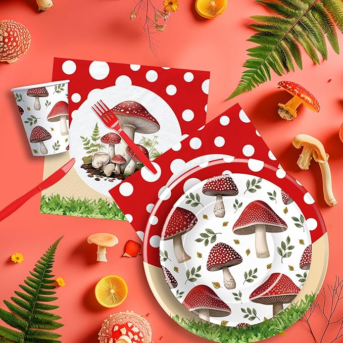 APOWBLS Mushroom Birthday Decorations Party Tableware - Mushroom Baby Shower Decorations And Supplies, Paper Plate, Cup, Napkin, Disposable Disposable Fork | Serves 24