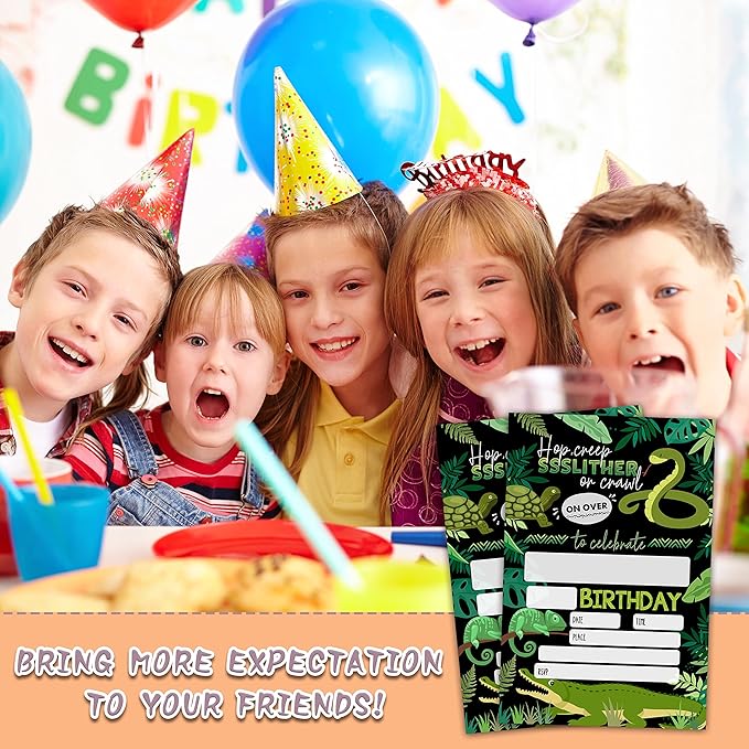 Reptile Birthday Party Invitations, 20-Count Snake Lizard Crocodile Theme Birthday Party Invites With Envelopes-HBYQK-B36