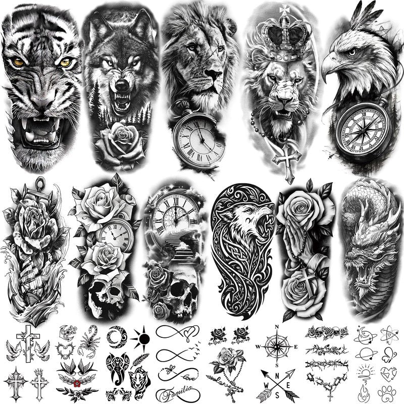 92 Sheets Temporary Tattoo, 17 Sheet Half Arm Lion Wolf Tiger Dragon Butterfly Rose Fake Tattoos for Women Men, 75 Sheet Realistic Tiny Tattoos Stickers for Adult Body Chest Neck Hand