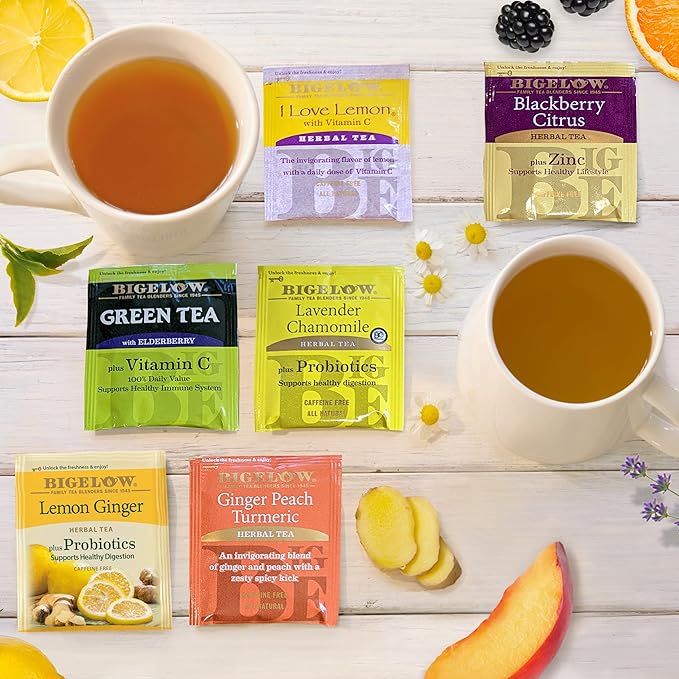 Bigelow Tea Immunity Herbal Tea Variety Pack, Caffeinated Green Tea and Caffeine Free Tea Bags for Immune Support (Pack of 6), 110 Total Tea Bags
