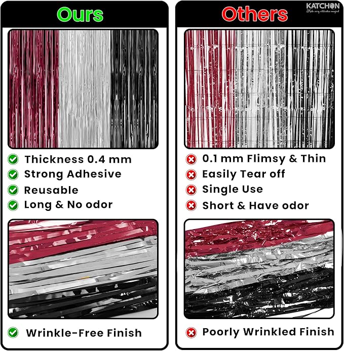 KatchOn, Burgundy Black and Silver Foil Fringe Curtains – Pack of 6 | Tinsel Backdrop for Bridal Shower, Bachelorette Party Decorations | Streamer Backdrop for Christmas, Halloween Decorations Indoor