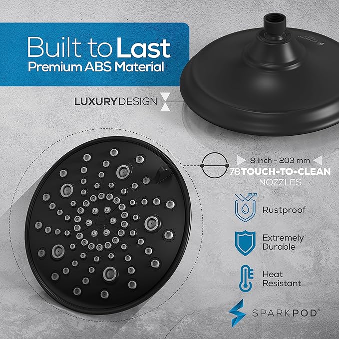 SparkPod Luxury Filtered Shower Head Set 23 Stage Shower Filter - Reduces Chlorine and Heavy Metals - High Pressure Showerhead Filter (8" Round, Midnight Black Matte)