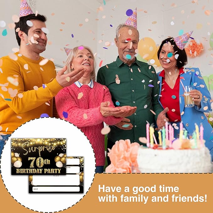 YSTEP 70th Birthday Party Invitations, 20 Black Gold Invite Cards with Envelopes, 4"x6" Foil Balloon Birthday Invites - B13
