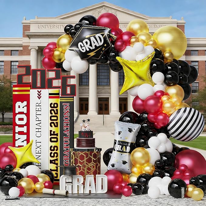Graduation Balloon Garland Arch Kit 2026, 150Pcs Burgundy Black Gold White Balloons for Class of 2026 Celebration Graduation Party Decorations, Congrats Grad Backdrop Decor