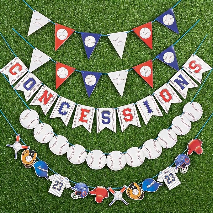 Pre-Strung Baseball Party Decorations with Concessions Banner, Sports Themed Birthday Supplies, Triangle Bunting Pennant Flag