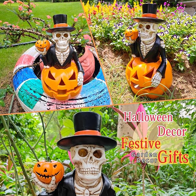 Halloween Decorations Solar Spooky Lights Outdoor Skull Pumpkin Figurine Light Garden Statue for Outside Patio Front Porch Yard, Led Fall Decor Jack-O-Lantern Home Decor Gifts (Orange-White Skull)