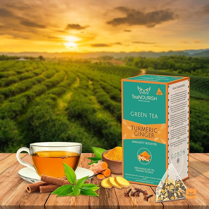 TeaNOURISH Turmeric Ginger Green Tea | 20 Count Pyramid Tea Bags | Darjeeling Whole Leaf Tea | Blended with Indian Turmeric, Ginger & Cinnamon | 100% NATURAL INGREDIENTS